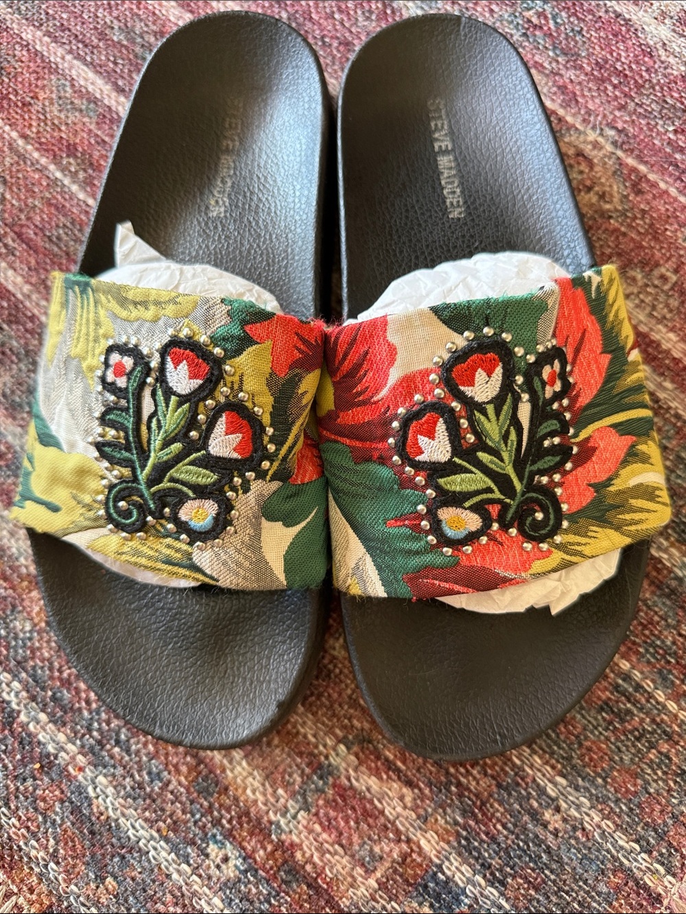 Steve Madden Black Slide Sandals with Embroidered Floral Strap